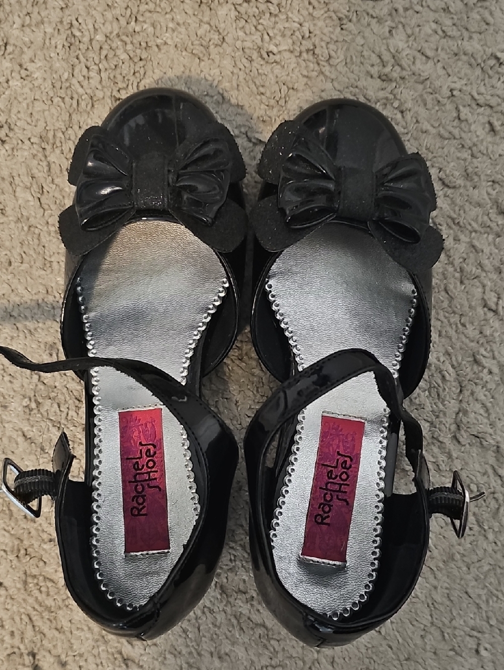 Kids Rachel Shoes Black Patent Bow Ankle Strap Flats